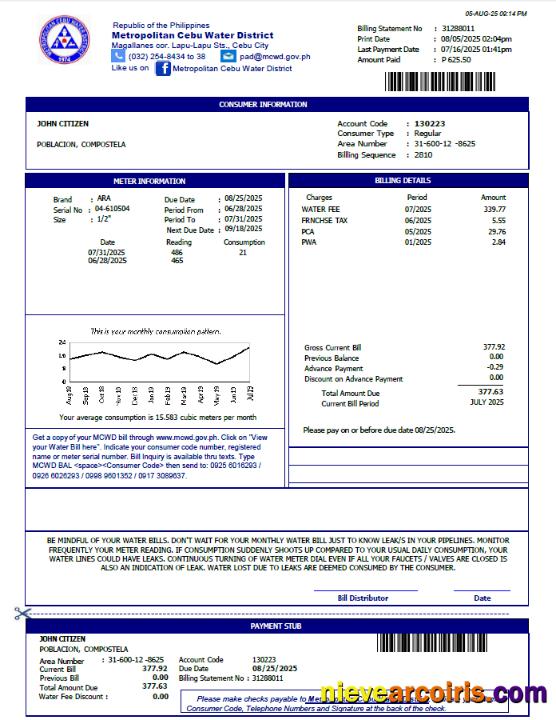 Philippines Metropolitan Cebu Water District utility bill